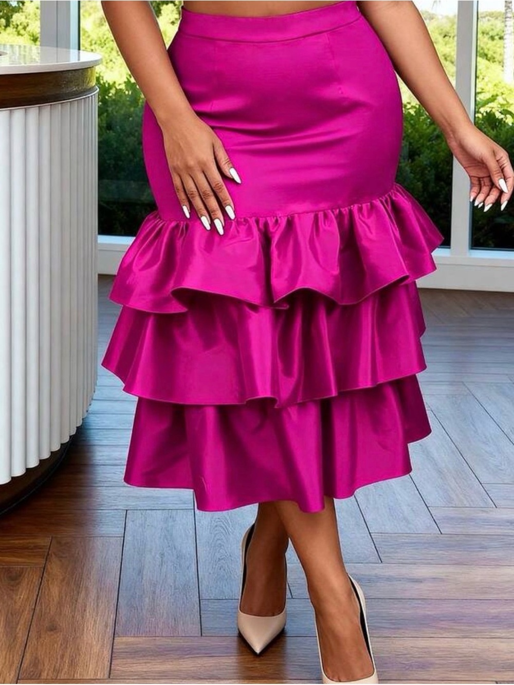 Tiered Ruffle Midi Skirt in Fuchsia